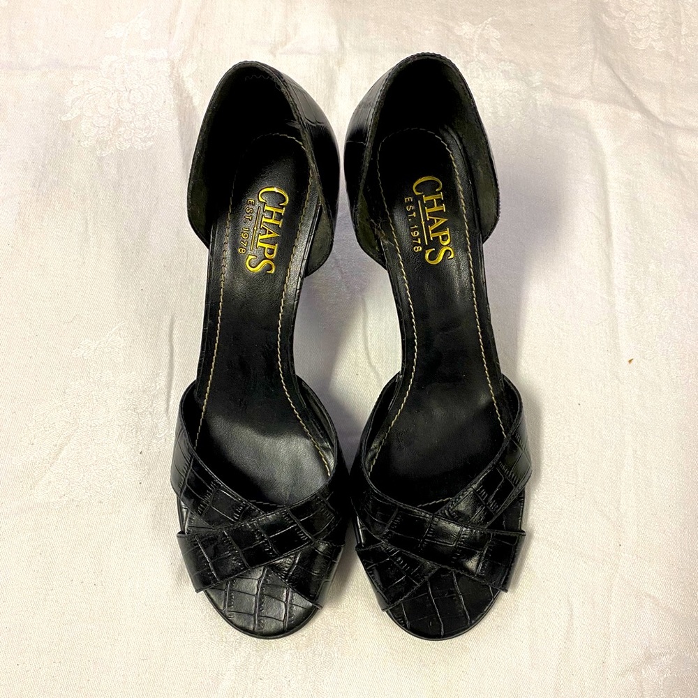 Chaps leather black high heeled peep toe